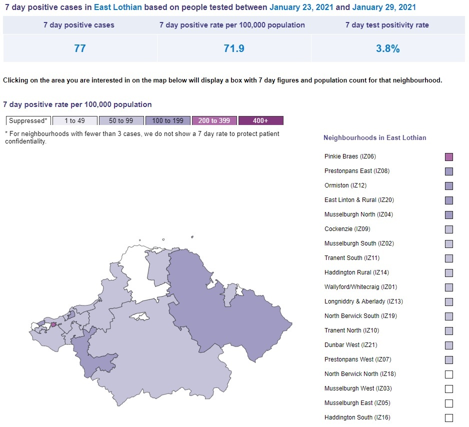 This map shows the latest coronavirus figures for East Lothian and the parts of the county that are areas of concern, the darker the colour the higher the concern